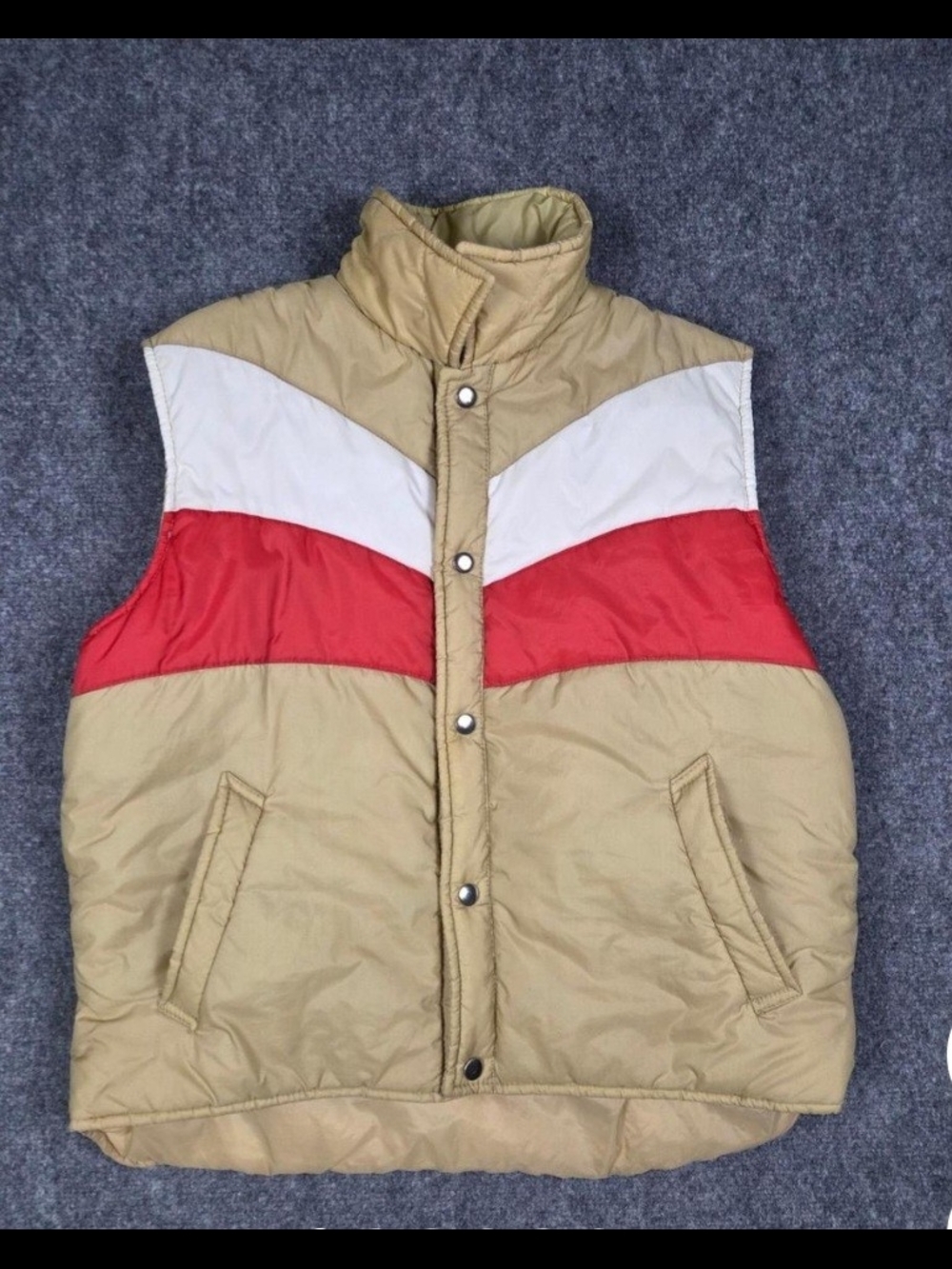 Vintage SIGALLOMen's Quilted Puffer Vest in Tan with Red & White Chevron Accents